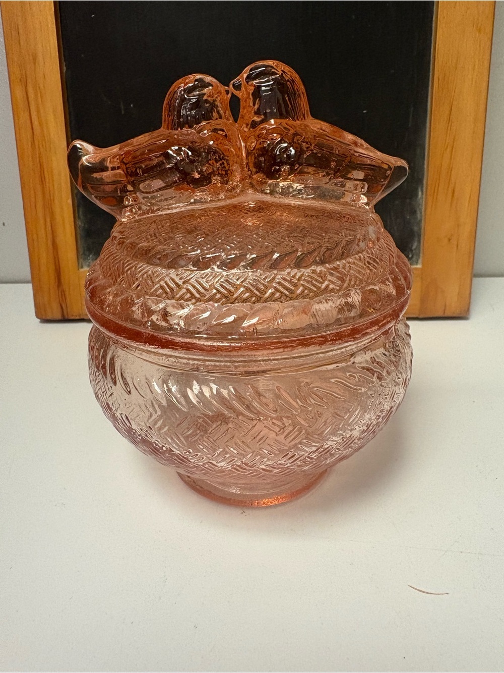 Vintage Pink Love Birds on a Nest Depression Glass Lidded Trinket Dish 5x4” GUC